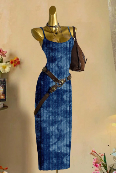 Shein Navy Blue Summer Casual Tie-Dye Print Bodycon Maxi Dress, M>
