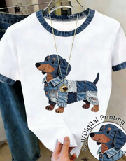 Shein Women's Casual Cartoon Dog Print Round Neck Short Sleeve T-Shirt>