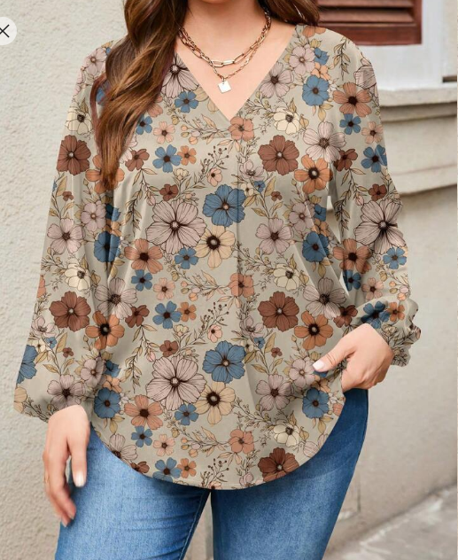 Shein Plus Size Women Vintage Floral Print V-Neck Lantern Sleeve Loose Blouse, XXL +