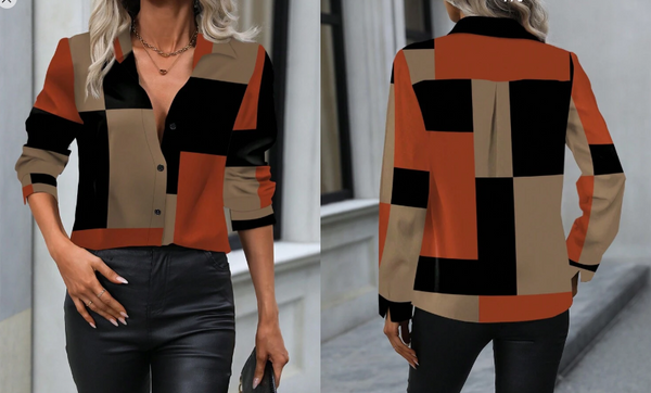 Shein Women Geometric Print Long Sleeve Single Breasted Casual Blouse, XL +