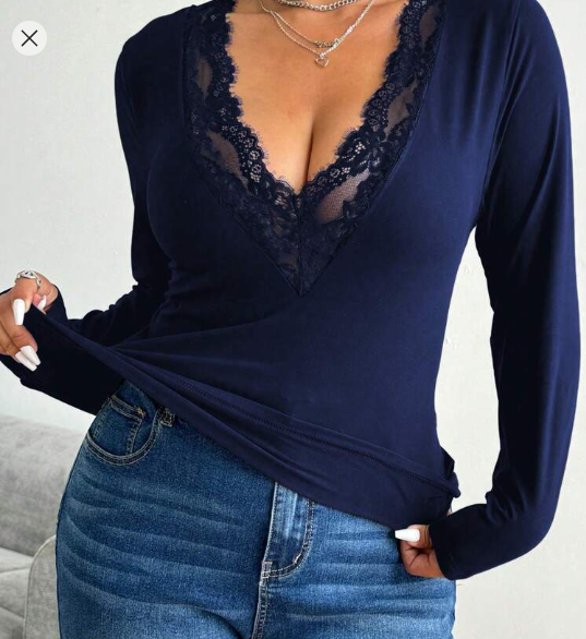 Shein Plus Size Women Deep V-Neck Floral Splice Sexy Long Sleeve Black T-Shirt, 0XL +