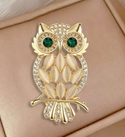 Shein 1pc Gold-Tone Cat Eye Stone Owl Brooch-.