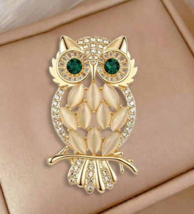 Shein 1pc Gold-Tone Cat Eye Stone Owl Brooch-.