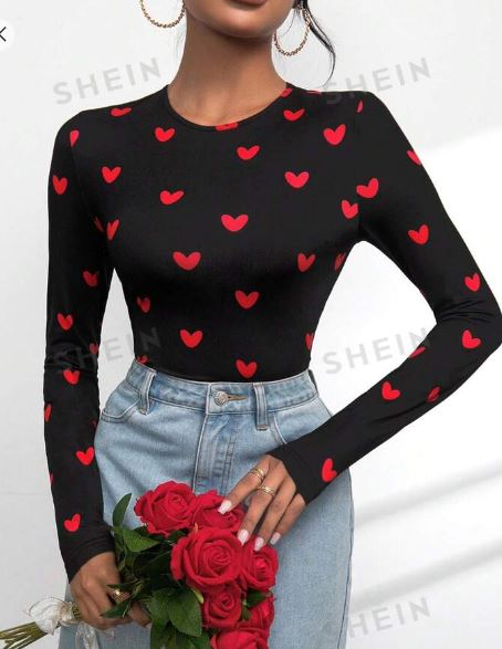 Shein Ladies' Valentine's Day Heart Print Long Sleeve T-Shirt, M */