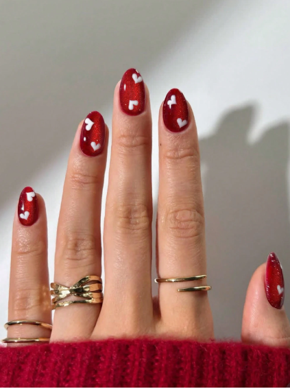 Shein 24pcs Cat Eye Red Nail Stickers, White Heart Decor -.