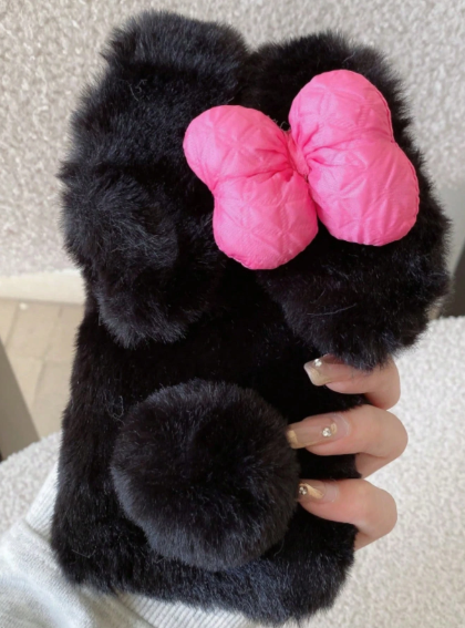 Black Pink Bowknot Plush Furry Novelty Rabbit Bow Plush Heart Phone Case>
