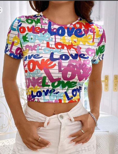 Shein Knitted Letter Printed Short Sleeve T-Shirt, L */