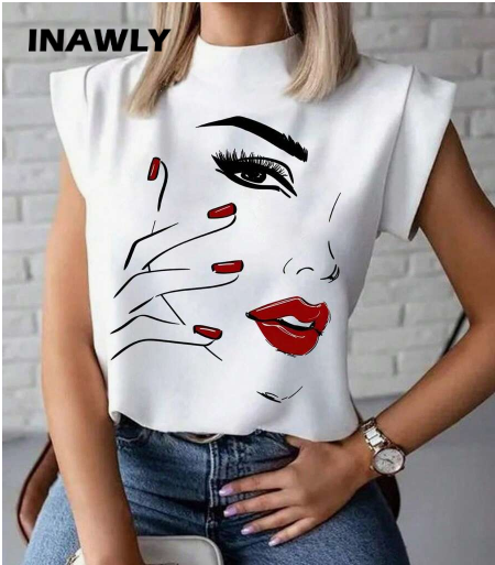 Shein Casual Stand Collar T-Shirt With Character Print, XL +