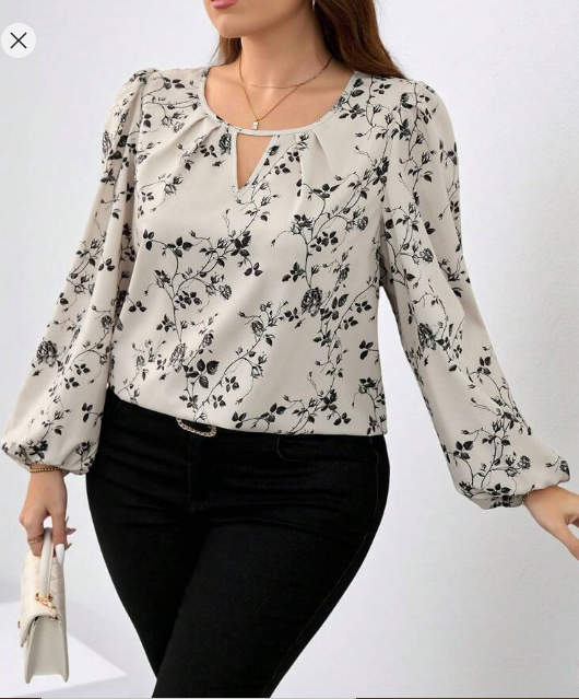 Shein Plus Size Elegant Floral Print Lantern Sleeve Shirt, 3XL +