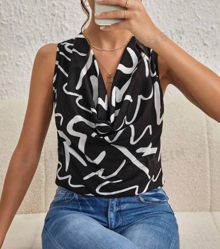 Shein Allover Print Draped Collar Blouse Workwear, XS +