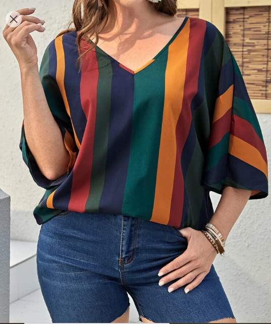 Shein Plus Striped Print Batwing Sleeve Blouse, 3XL +
