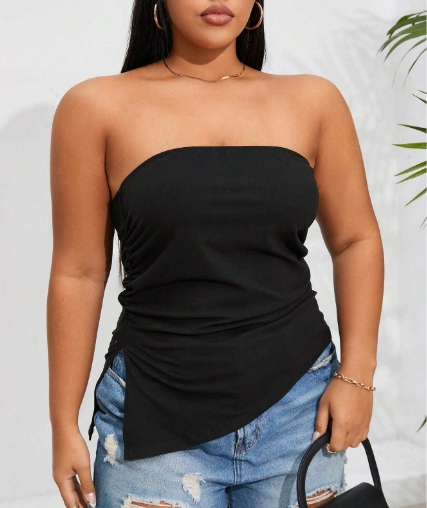 Shein Plus Size Black Pleated Slit Strapless Knit Stretch Top, XXL +