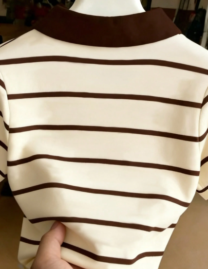 Shein Striped Print Letter Embroidery Casual Short Sleeve Top >