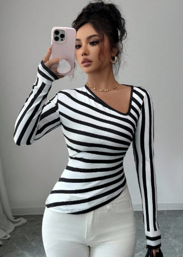 Shein Asymmetric Striped T-Shirt, S -.