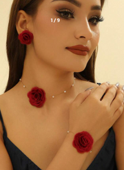 Shein 4pcs/Set 18K Stainless Steel Fabric Rose Necklace, Bracelet, Earrings Jewelry Set>