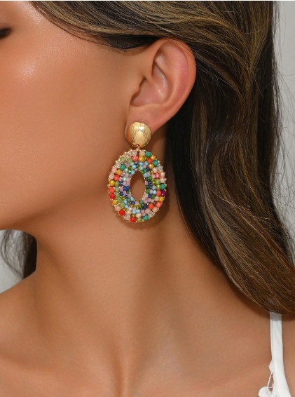 Shein 1 Pair Handmade Beaded Large Hoop Earrings>