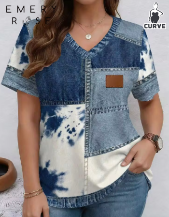 Shein Patchwork Pattern Twill Texture Round Neck Short Sleeve Casual Plus Size T-Shirt>