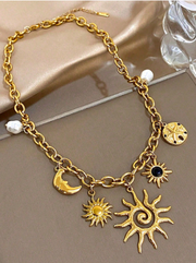 Shein 1pc Vintage Multi-Element 18k Gold Plated Stainless Steel Black Gem Sun & Moon Pendant Necklace>