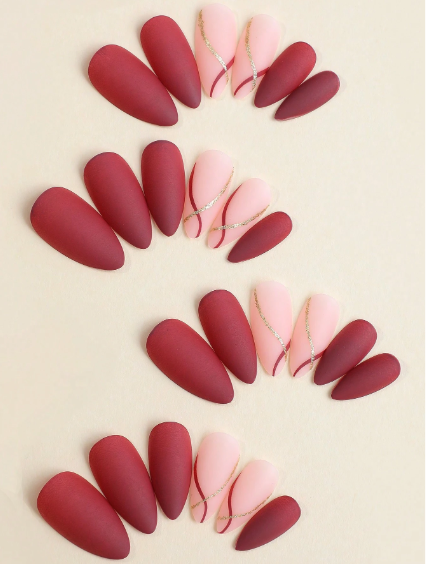 Shein 24pcs Matte Almond Shape Press On Nails Golden & Red Stripe False Nails -.
