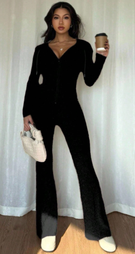 Shein 2pcs/Set Casual Hooded Sweatshirt With Pockets & Ribbed Knit Flare Pants, S -.