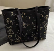 Shein 1pc Simple Black Nylon Butterfly Print Rivet Decor Large Capacity Tote Shoulder Handbag -.
