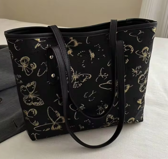 Shein 1pc Simple Black Nylon Butterfly Print Rivet Decor Large Capacity Tote Shoulder Handbag -.
