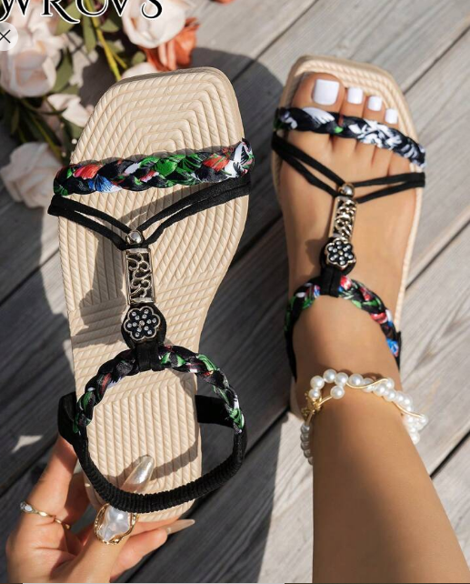Shein Black Toe-Post Sandals, Flat Slide Sandals With Woven Design, Size: 39 +