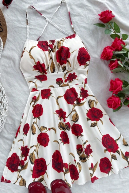 Shein Romantic Red Floral Print Spaghetti Strap Backless Mini Dress, L +