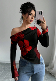 Shein Black And Red Tropical Floral Print T-Shirt, S -.