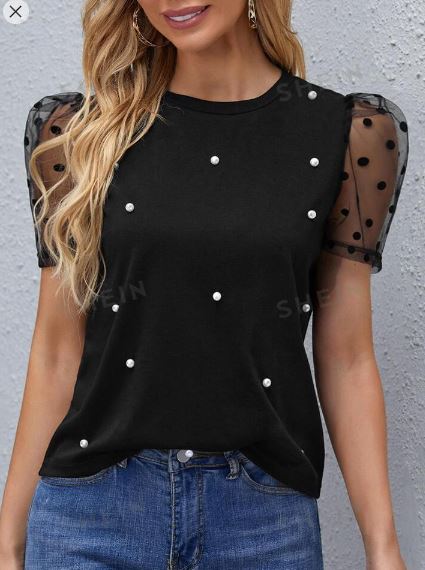 Shein Polka Dot Mesh Puff Sleeve Pearl Beaded Top, M /