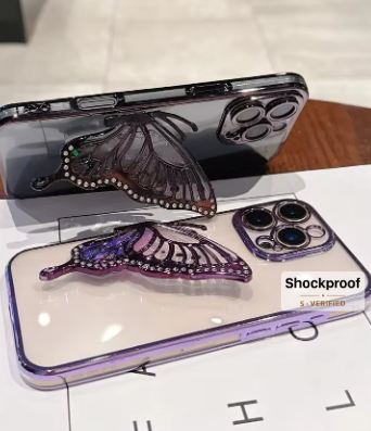 Electroplated Transparent Phone Case With Butterfly Quicksand Stand>