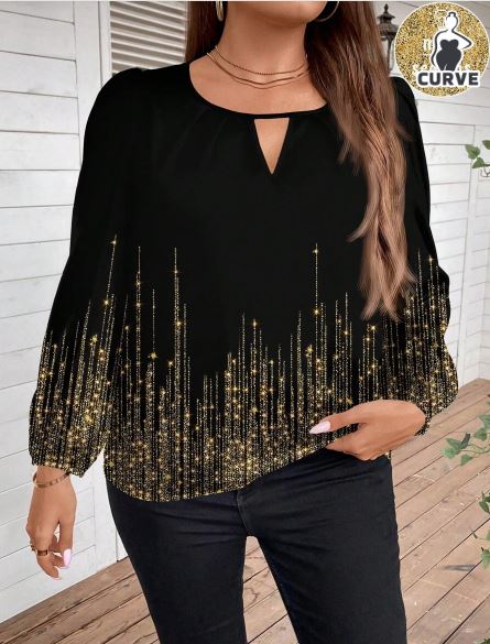 Shein Casual Loose Fit Keyhole Neckline Lantern Sleeve Blouse, 4XL +