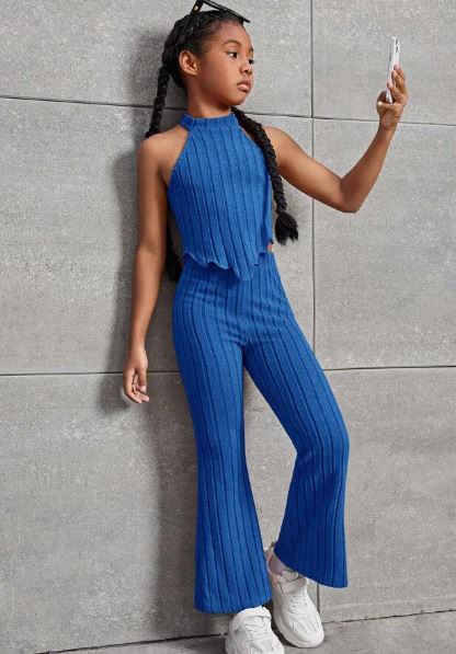 Shein Tween Girl Lettuce Trim Halter Neck Ribbed Knit Top & Flare Leg Pants +