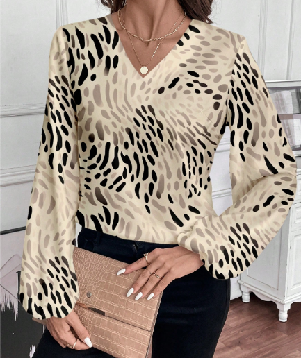 Shein Women Beige Blouses Long Sleeve V Neck Casual All Over Print, XL +