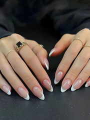 Shein 24pcs Medium Almond Shaped White Edged Press-On Nails Glossy Finish -.
