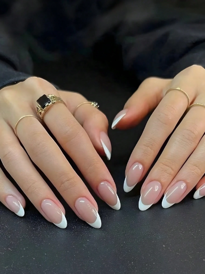 Shein 24pcs Medium Almond Shaped White Edged Press-On Nails Glossy Finish -.