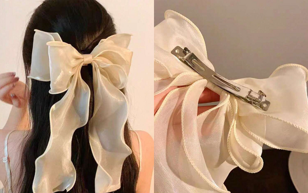 Shein 1Pc Women Hair Bow Beige Mesh Ribbon Bow With Curly Tails +