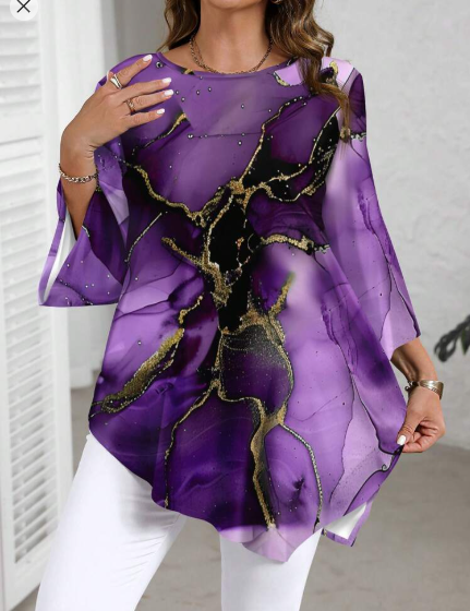 Shein Plus Size Casual Marble Ink Texture Pattern Round Neck Long Sleeve Shirt, XXL +