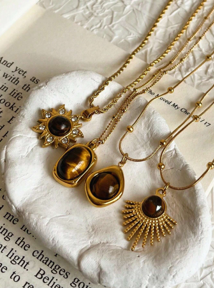 Shein 1pc Vintage Brown Natural Stone Titanium Steel Pendant Necklace (code: A)>