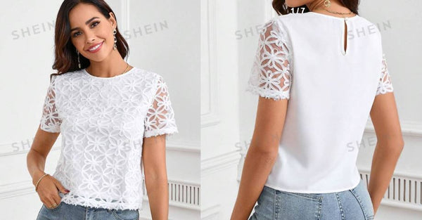 Shein Women Mother Day Lace Patchwork Short Sleeve Blouse, M */