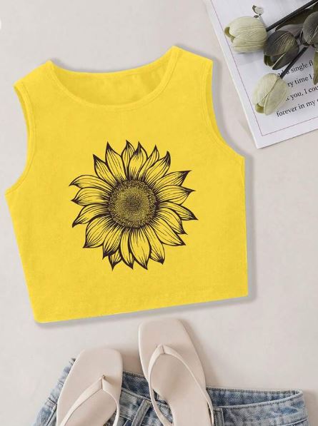 Shein Young Girl Fashionable Sunflower Print Sleeveless Tank Top, 4T /