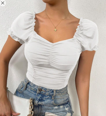 Shein Solid Color Sweetheart Neckline Ruffle Short Puff Sleeve Slim Fit T-Shirt, M +