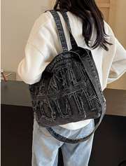 Shein Minimalist Style Raw Edge Letter Design Jeans Canvas Tote Bag -.