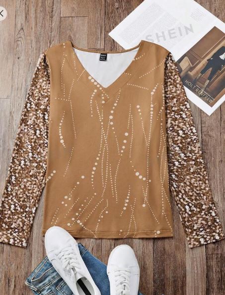 Shein Long Sleeve V-Neck T-Shirt With Glitter Effect, XL */