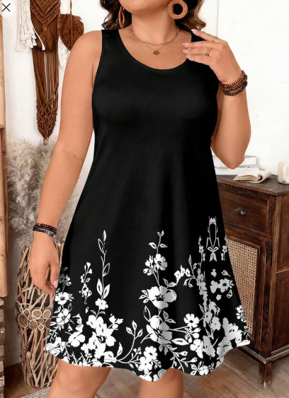 Shein Plus Size Black Floral Print Comfortable Casual Dress, 3XL +