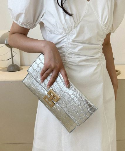 Shein Solid Color Simple Crocodile Skin Pattern Embossed Clutch Bag +