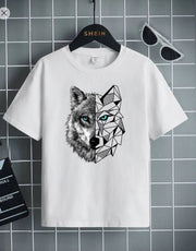 Shein Round Neck Short Sleeve Tween Boy Wolf & Geometric Printed T-Shirt, 9T +