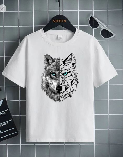 Shein Round Neck Short Sleeve Tween Boy Wolf & Geometric Printed T-Shirt, 9T +