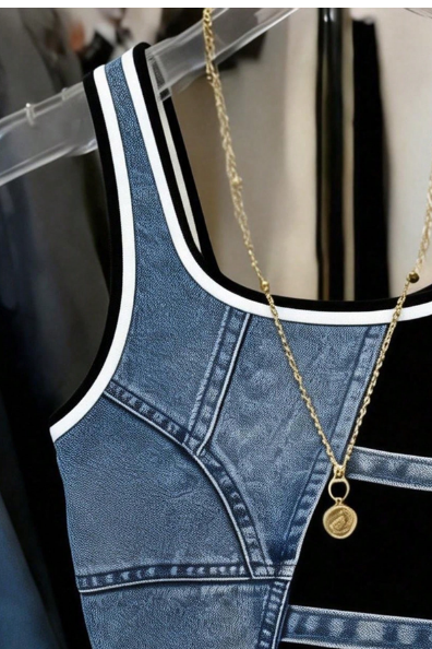 Shein Regular Denim Print Fitted Tank Top >