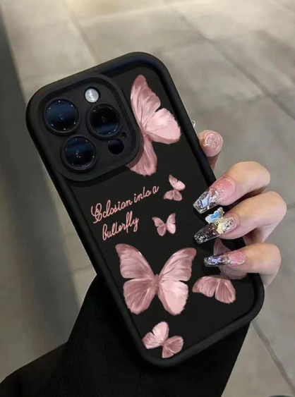 Pink Black Butterfly Leather Fashion Phone Case>